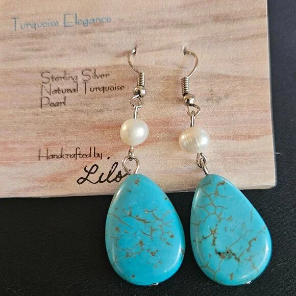 Handcrafted Natural Turquoise & Pearl Earrings - Picture 1 of 1
